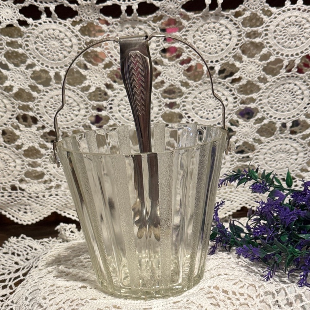 Ice Bucket with Frosted Striped Glass and has an Etched Handle and Tongs - Picture 3 of 16